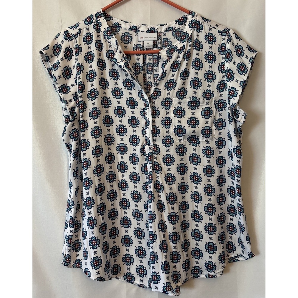 Liz Claiborne‎ Geometric Blouse 1/2 Button  Multicolored Cap Sleeve Pleats PL